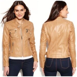 Michael Kors Buttery Leather Zip Front Beige Motto Jacket Cafe Racer